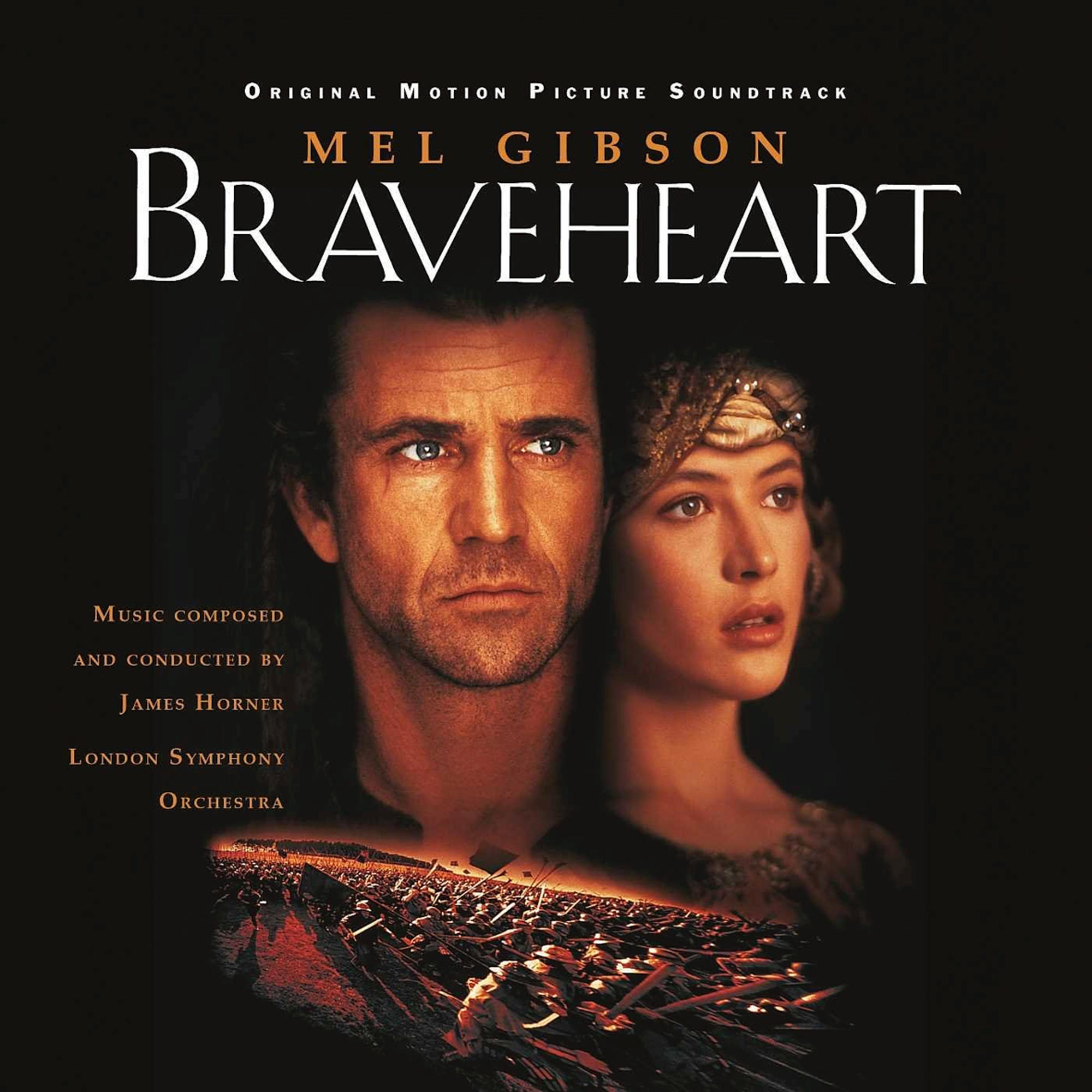 Couverture de la bande originale de Braveheart. Mel Gibson et des visages de femme. Texte en haut et en bas.