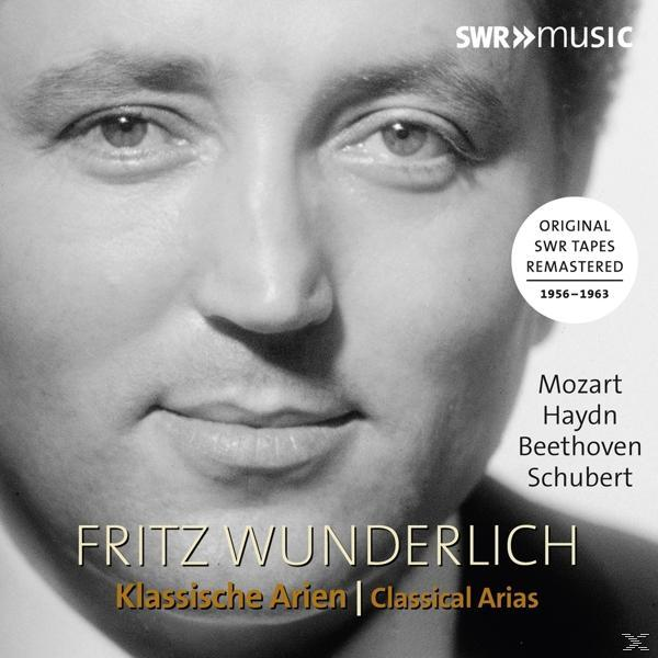Albumcover für Fritz Wunderlich. Schwarz-Weiß-Porträt mit Text über klassische Arien.