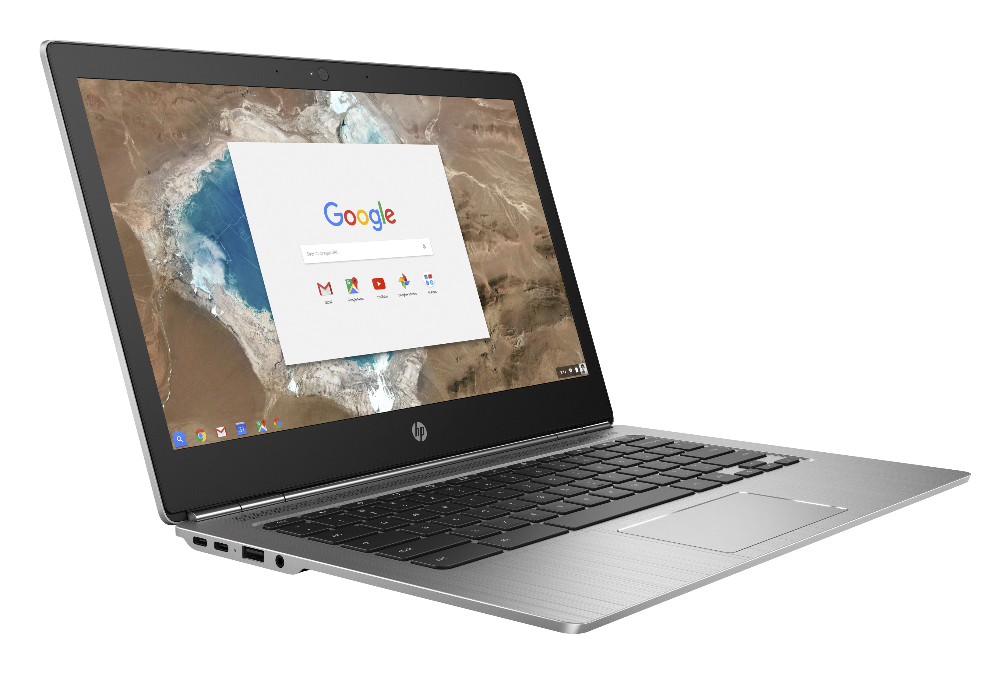 Ein silbernes HP Chromebook Laptop, geöffnet auf einer Google-Suchseite, vor weißem Hintergrund.