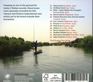 CD-borító számlistával, folyóparti jelenet férfival a csónakban, maliai zenéről szóló szöveggel.