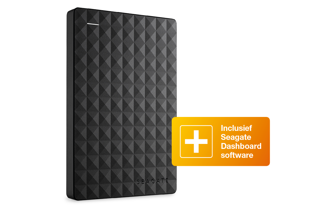Zwarte, getextureerde Seagate externe harde schijf met een plus en tekst over software-inclusie.
