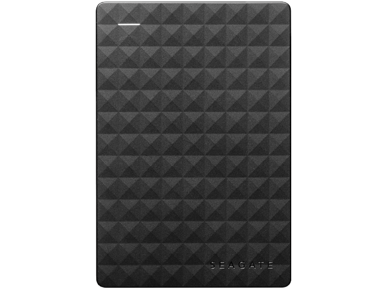Een zwarte, getextureerde externe harde schijf van Seagate met de merknaam erop.