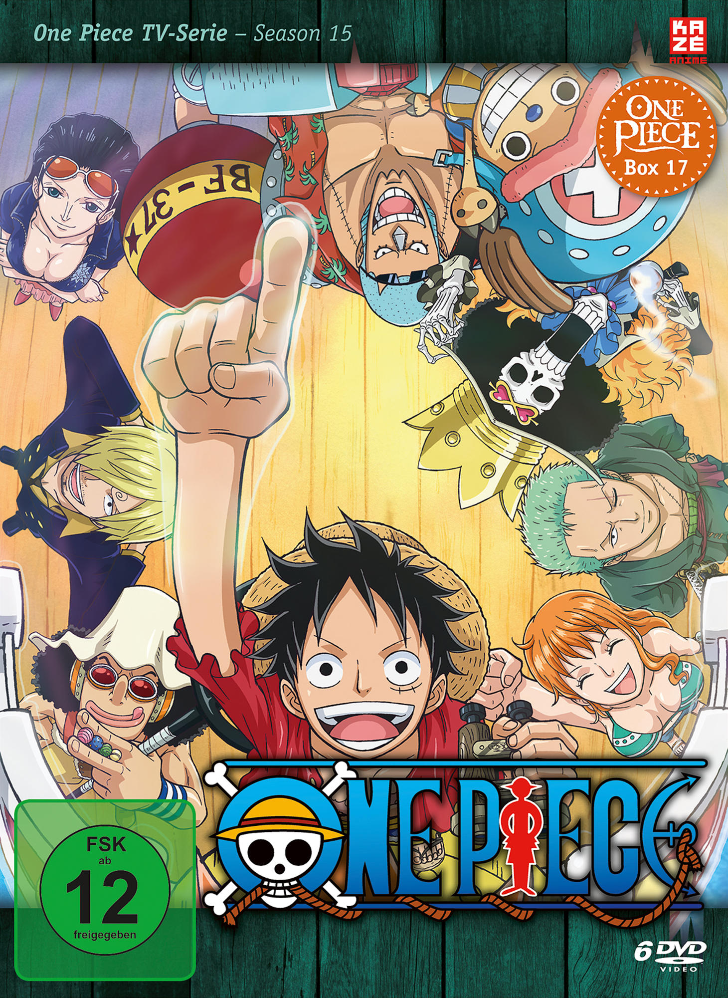 DVD-Box-Set für 'One Piece' Staffel 15, mit mehreren Charakteren, Luffy in der Mitte, lächelnd.