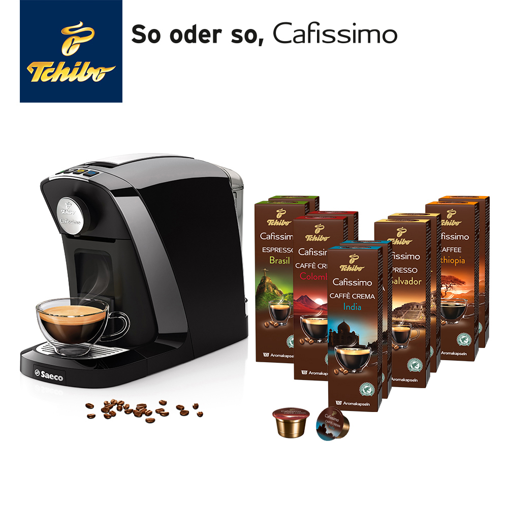 TCHIBO CAFISSIMO Saeco Tuttocaffè Nero inkl. 100 Kapseln Kapselmaschine Schwarz