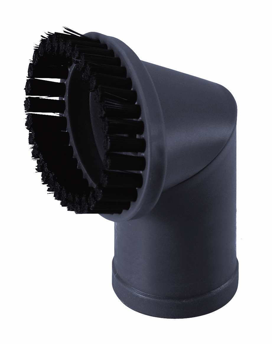 Black vacuum cleaner brush attachment, angled, with bristles around the edge.