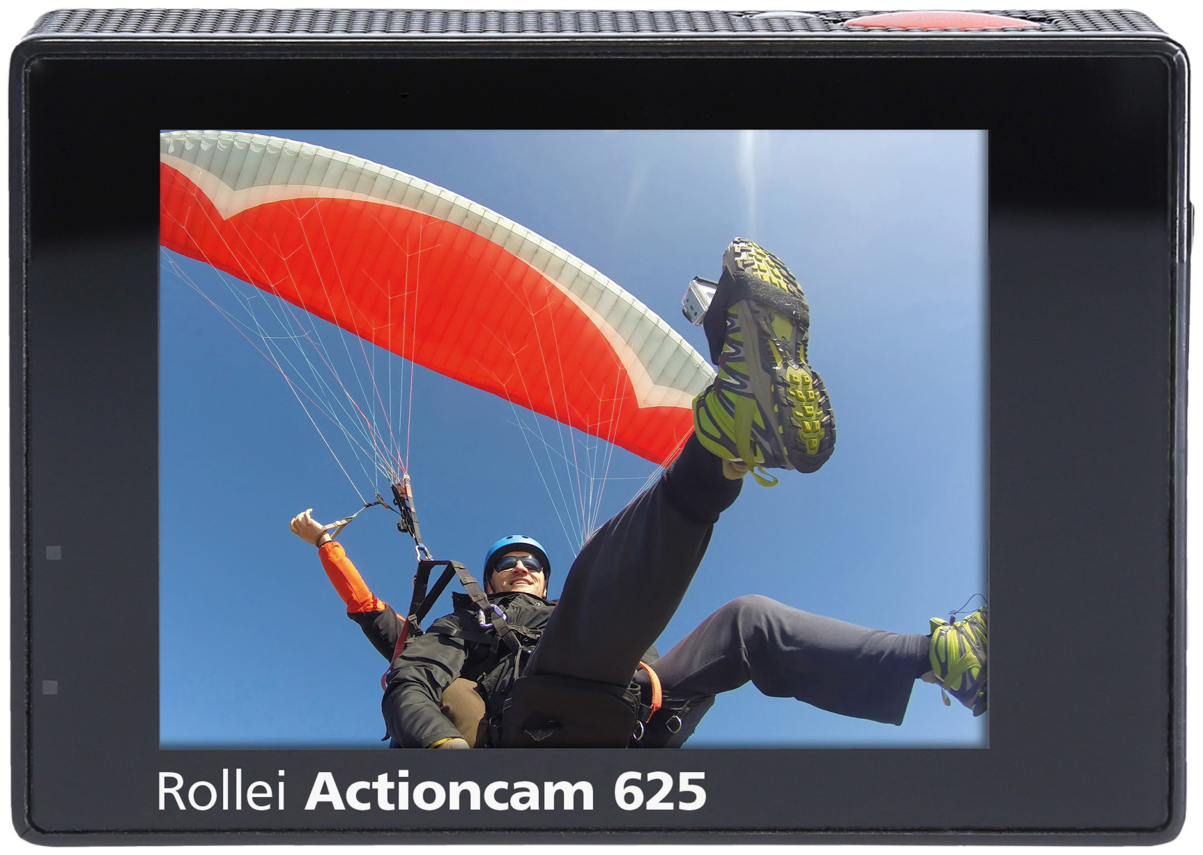 Action-Kamera-Bildschirm zeigt einen Paragleiter. Blauer Himmel im Hintergrund. Kamera in schwarzem Rahmen.