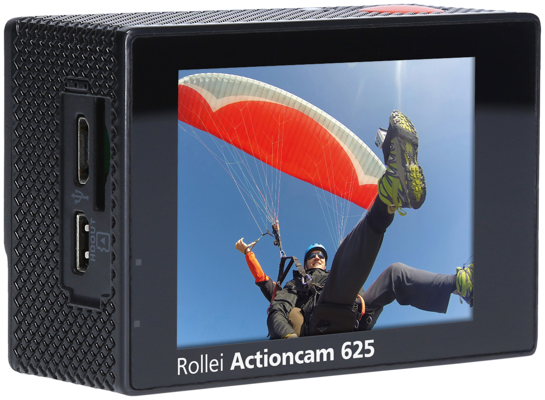 Schwarze Action-Kamera, die einen Gleitschirmflieger in der Luft zeigt. Auf der Kamera steht 'Rollei Actioncam 625'.