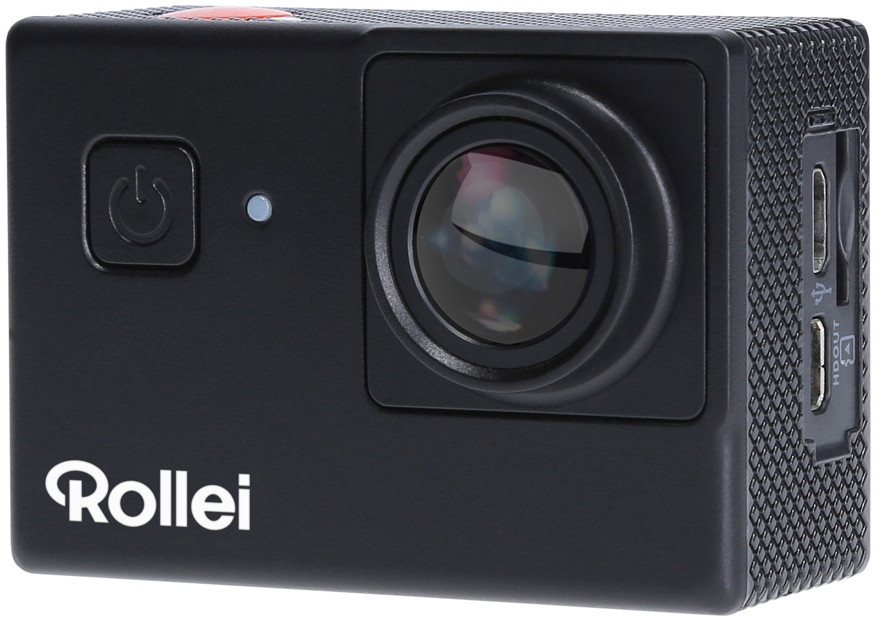 Schwarze Action-Kamera mit Objektiv, Ein-/Aus-Taste und Rollei-Logo auf der Vorderseite. Seite hat Anschlüsse.
