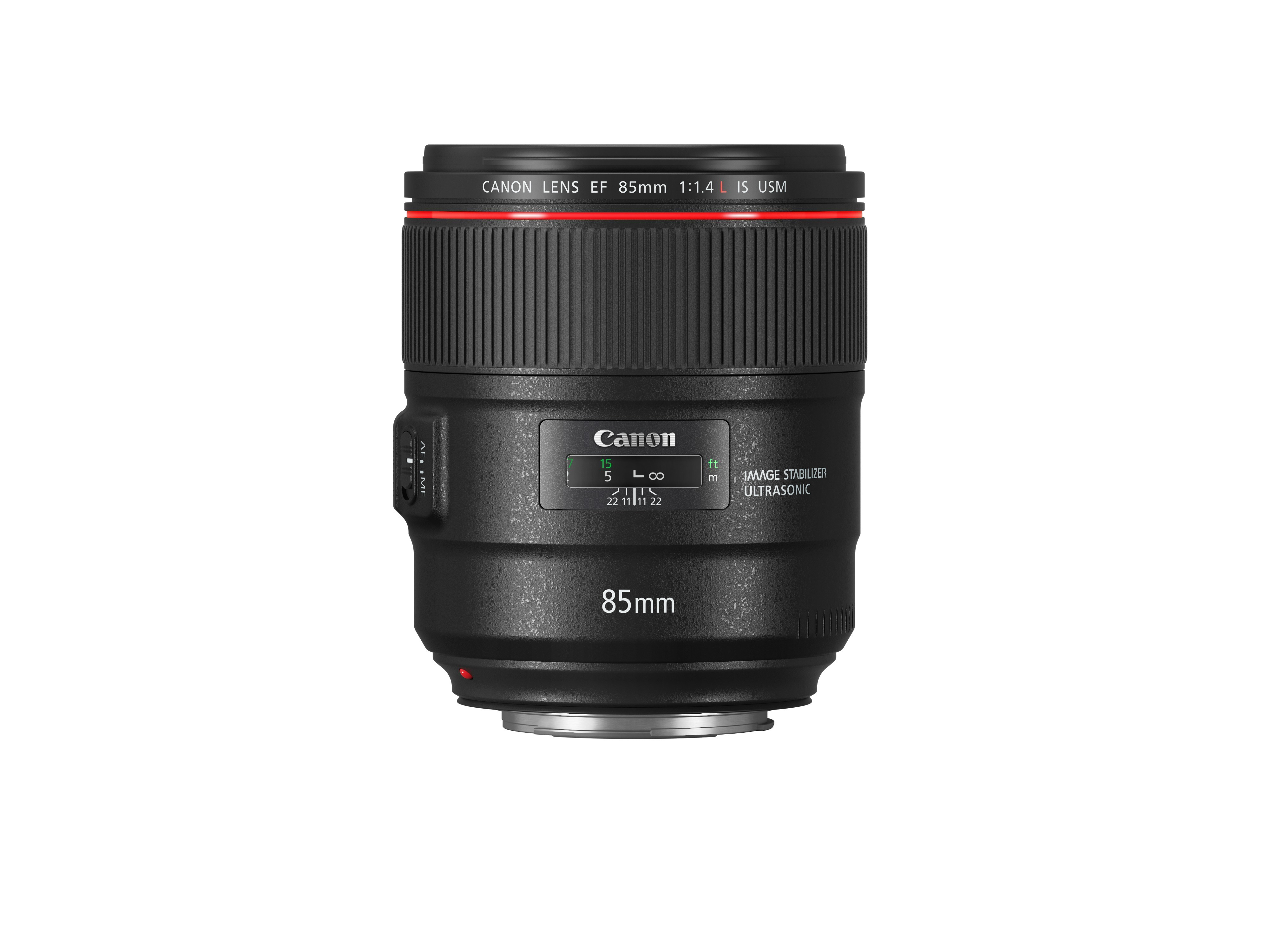 Canon 85mm f/1.4 Objektiv. Schwarz mit rotem Ring, Canon-Logo und verschiedenen Einstellungen.