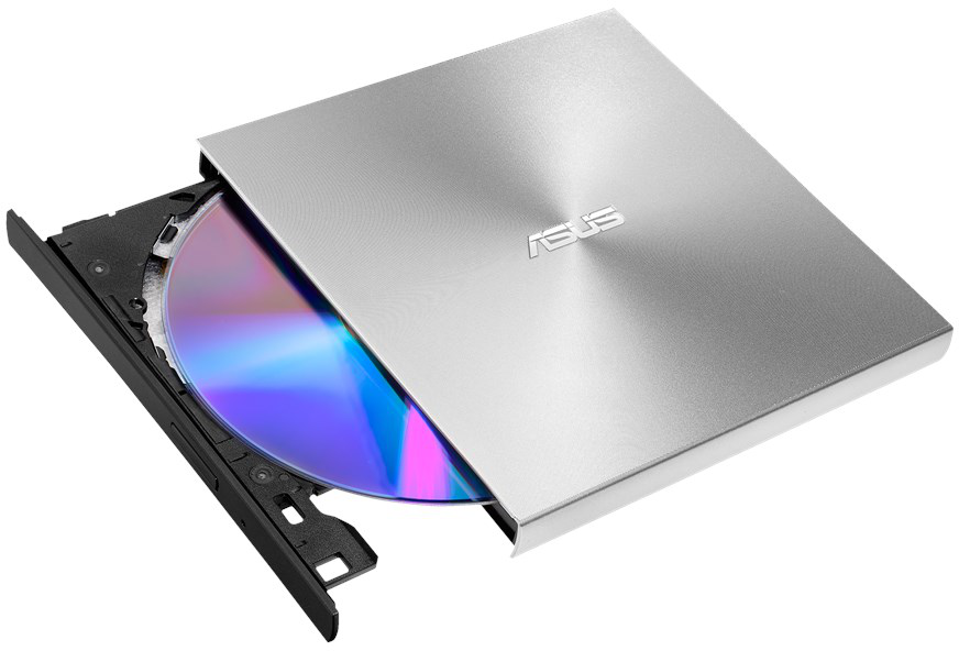 Ein externes CD/DVD-Laufwerk von ASUS mit eingelegter Disc, silberfarben.