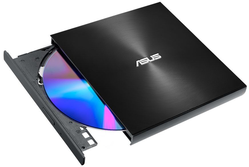 Ein schwarzes externes DVD-Laufwerk von ASUS mit teilweise eingelegter Disc und geöffnetem Fach.
