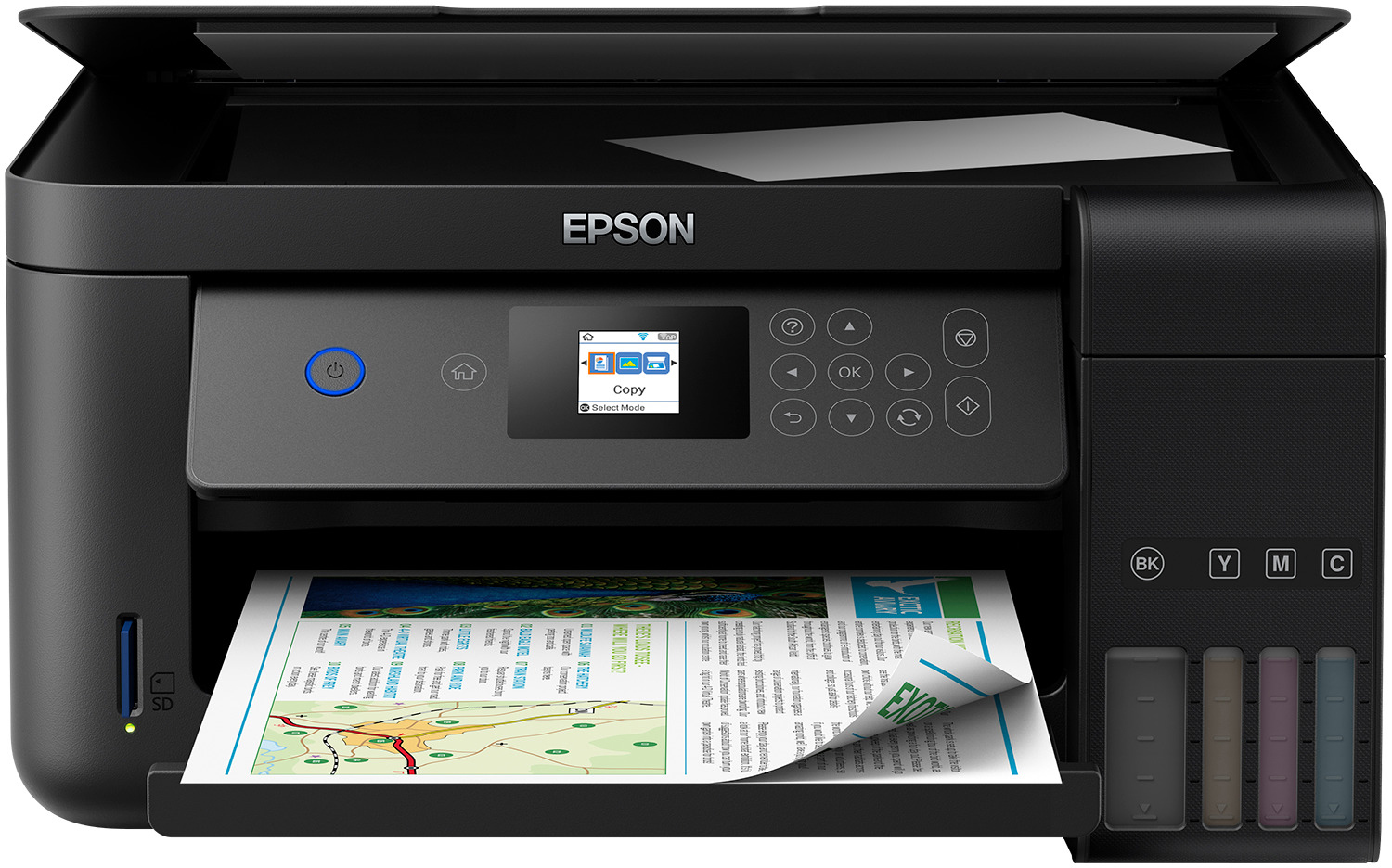 Schwarzer Epson-Drucker mit Bildschirm und Papierschale mit gedruckter Karte.