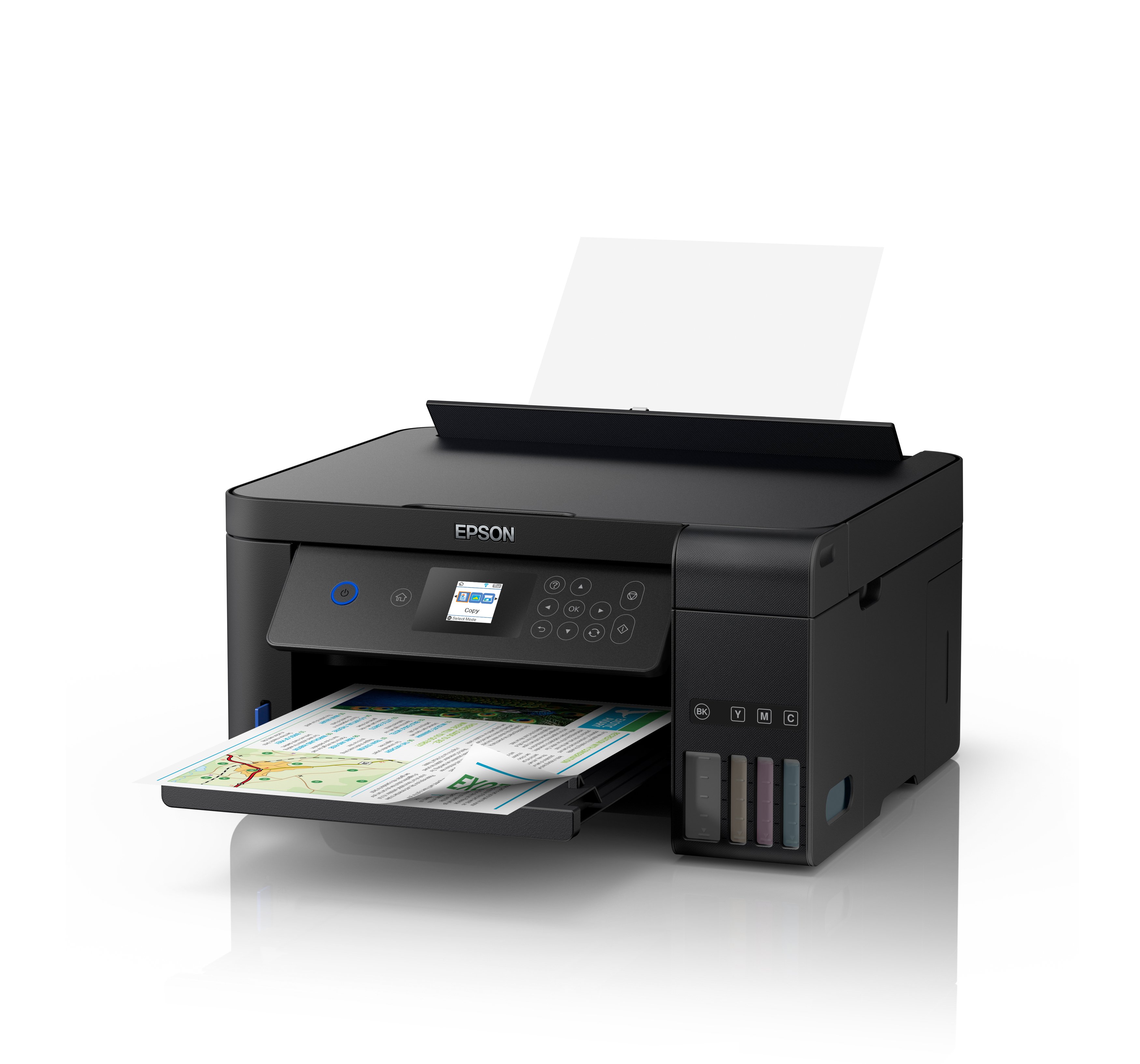 Ein Epson-Drucker mit Papierausgabe, schwarz mit Display und Tintenpatronen.