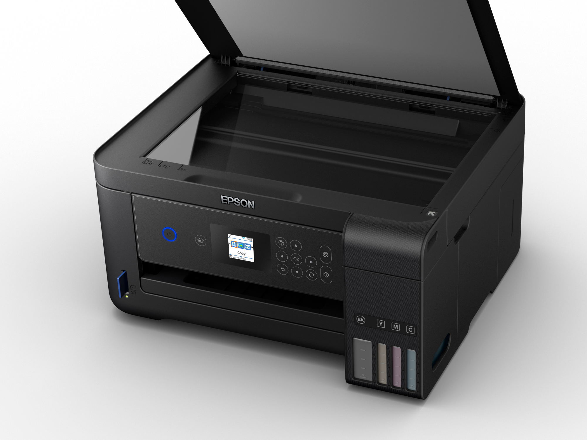 Ein Epson-Drucker mit geöffneter Oberseite und einem Bildschirm.