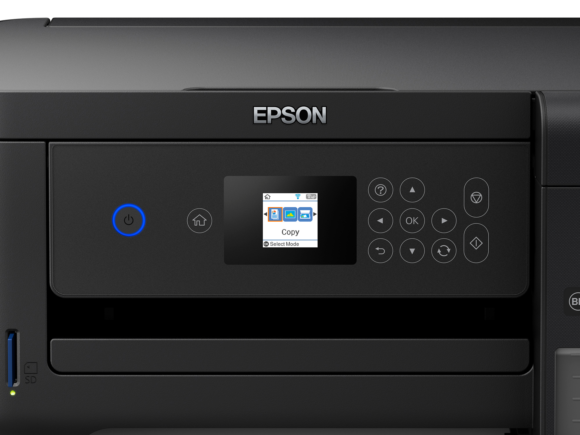 Epson-Drucker-Nahaufnahme. Bedienfeld mit Bildschirm. Einschaltknopf leuchtet. Schwarzes Gehäuse.