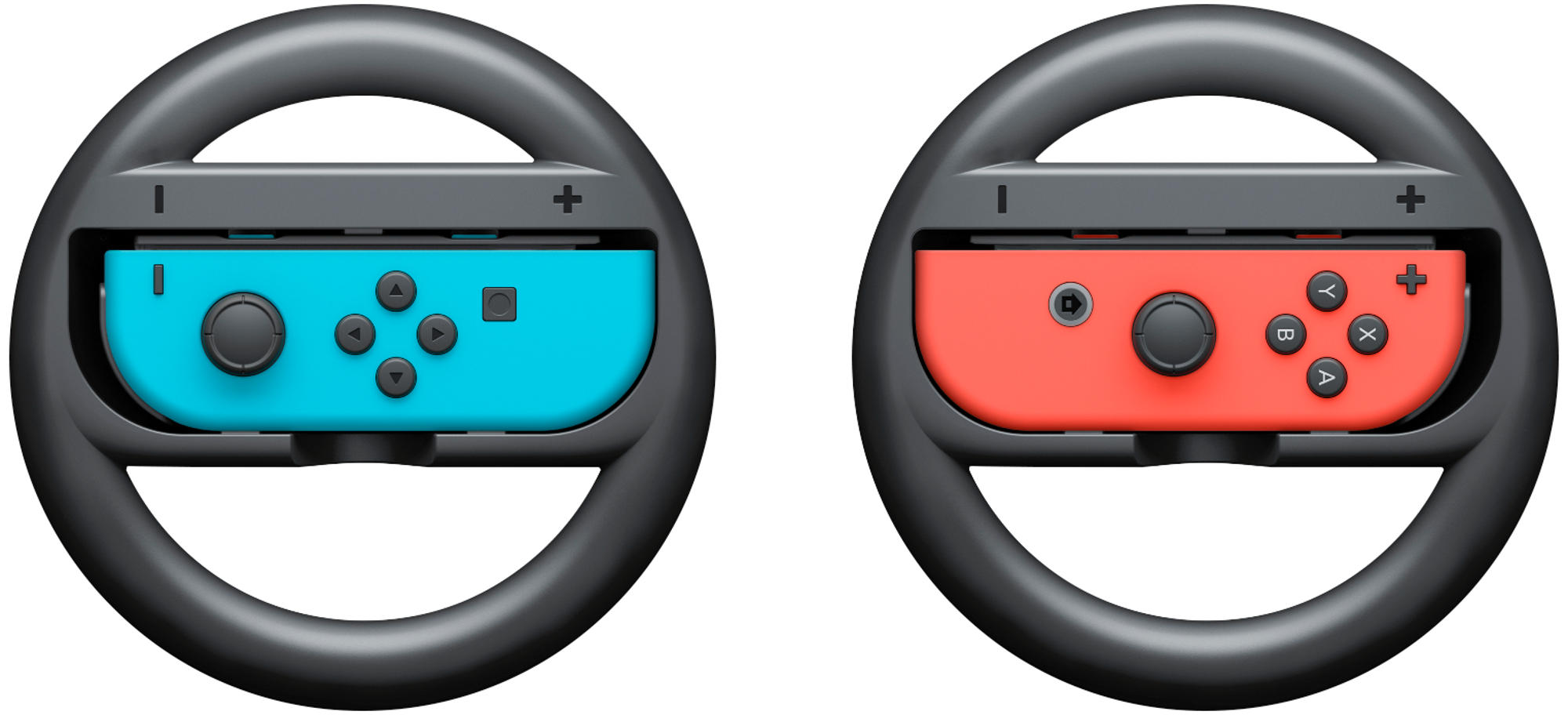 Zwei schwarze Lenkradaufsätze mit Joy-Cons. Ein Joy-Con ist blau, der andere rot.