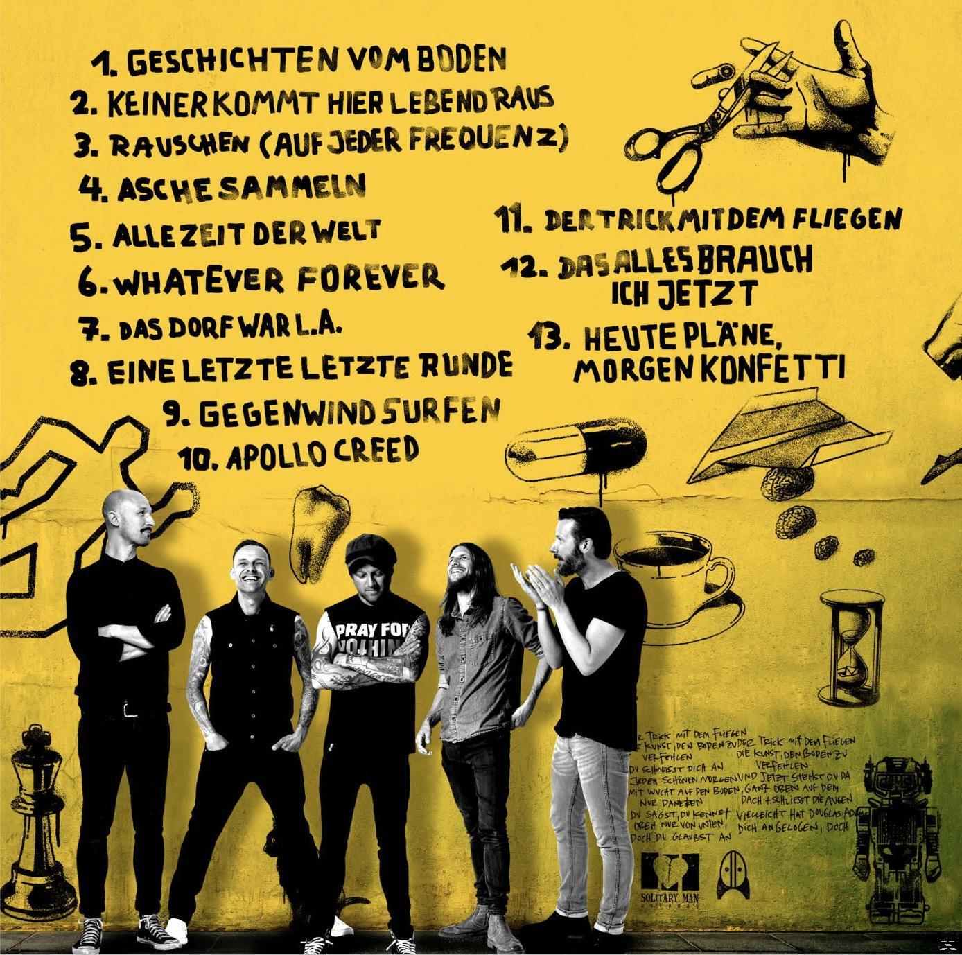 Albumcover mit Bandmitgliedern, Trackliste in Gelb und verschiedenen Zeichnungen. Die Band steht vor einem gelben Hintergrund.