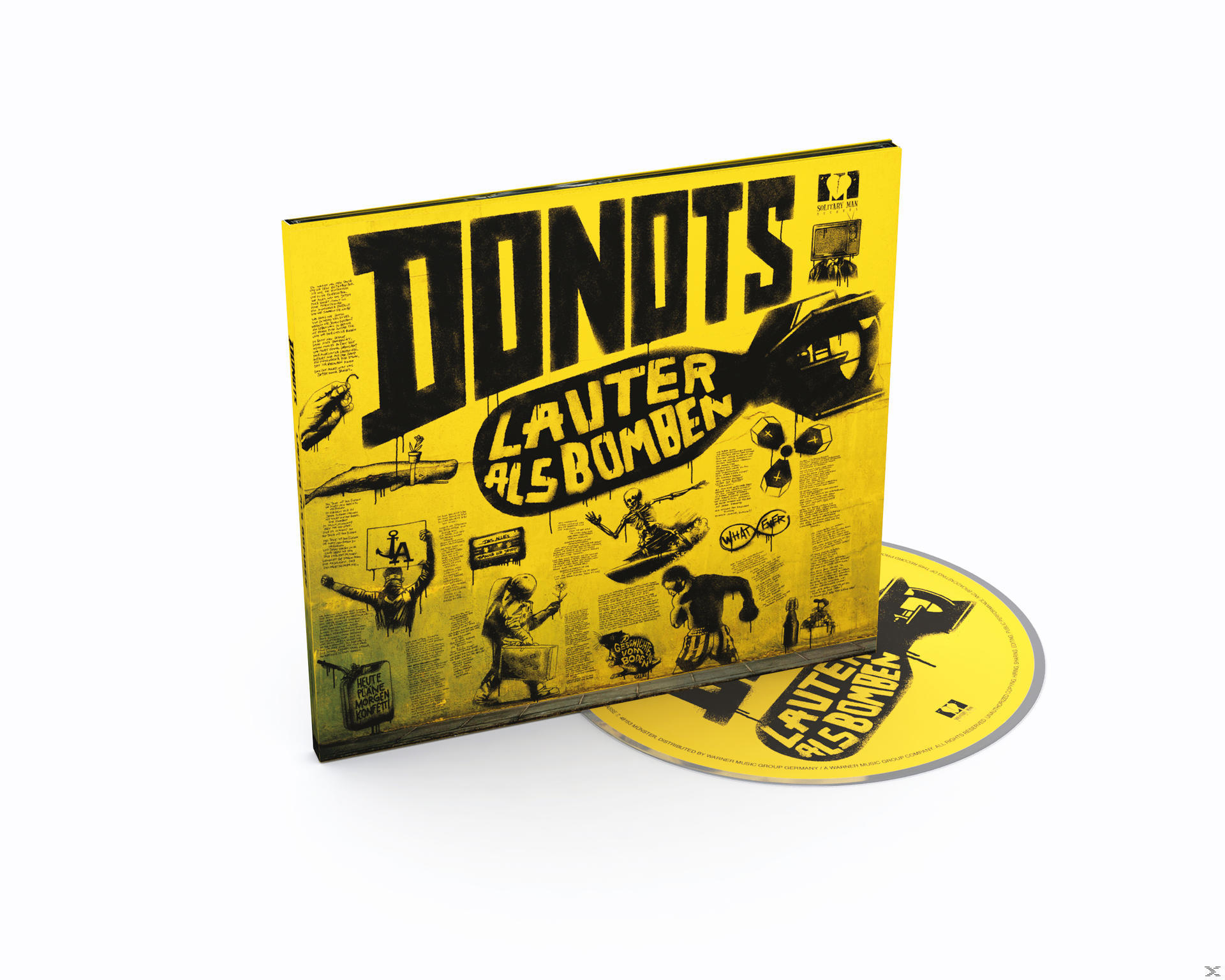 Albumcover mit gelbem Hintergrund, schwarzem Text 'DONOTS', CD an der Seite. Illustrationen von Menschen und einer Bombe.