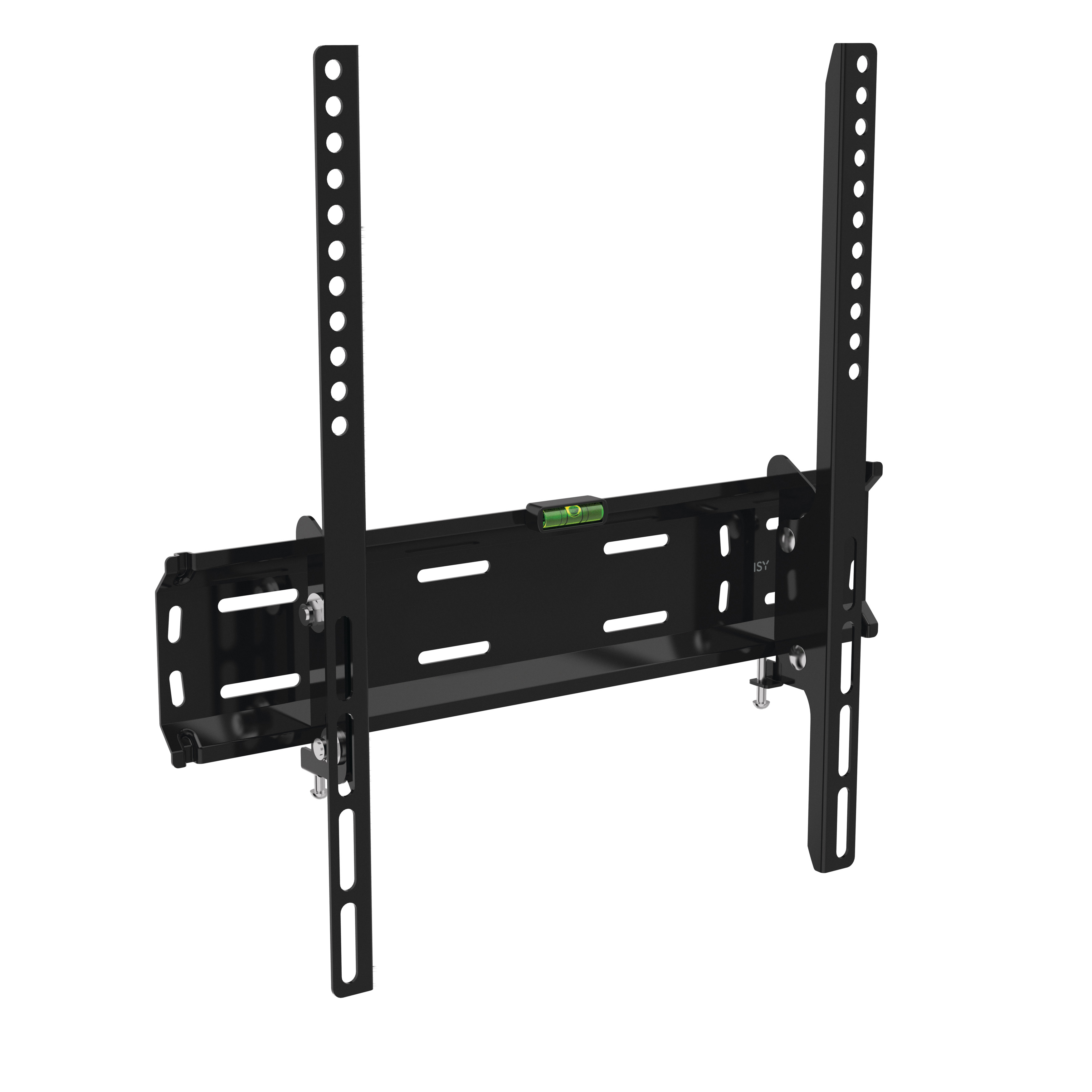 Support de TV noir avec niveau, vis et rails de montage sur fond blanc.
