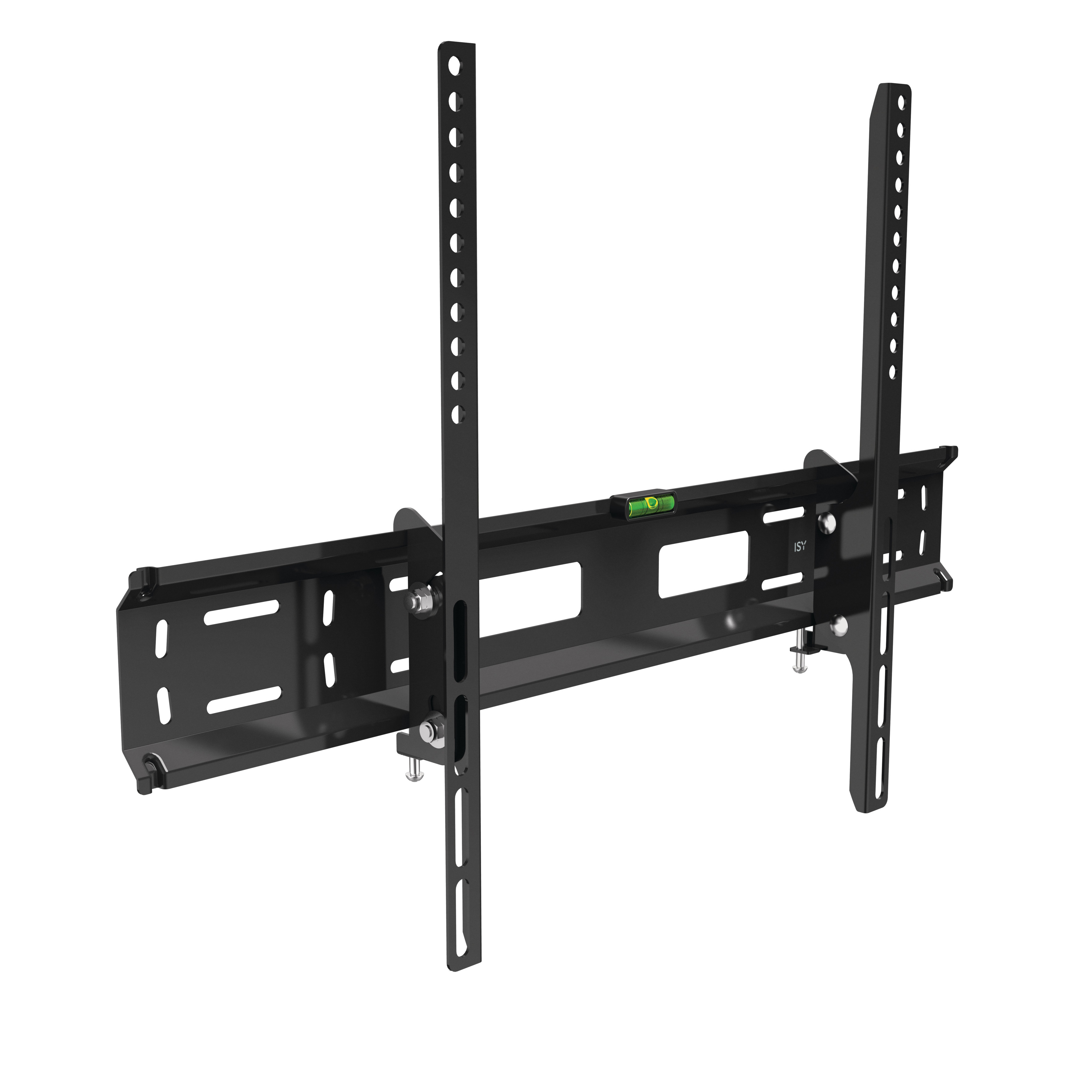 Support mural TV noir. Barres verticales et horizontales avec trous de montage. Un niveau est au centre.