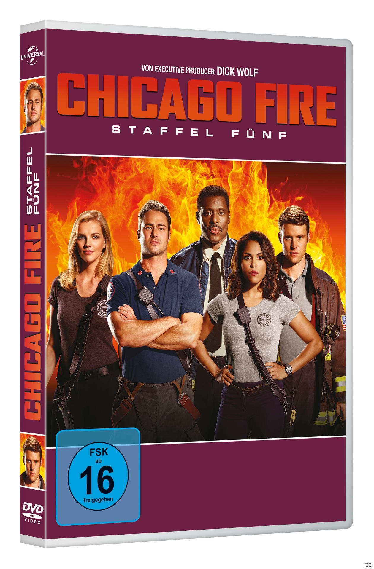 DVD-Hülle von 'Chicago Fire' Staffel fünf, mit Schauspielern auf der Vorderseite.