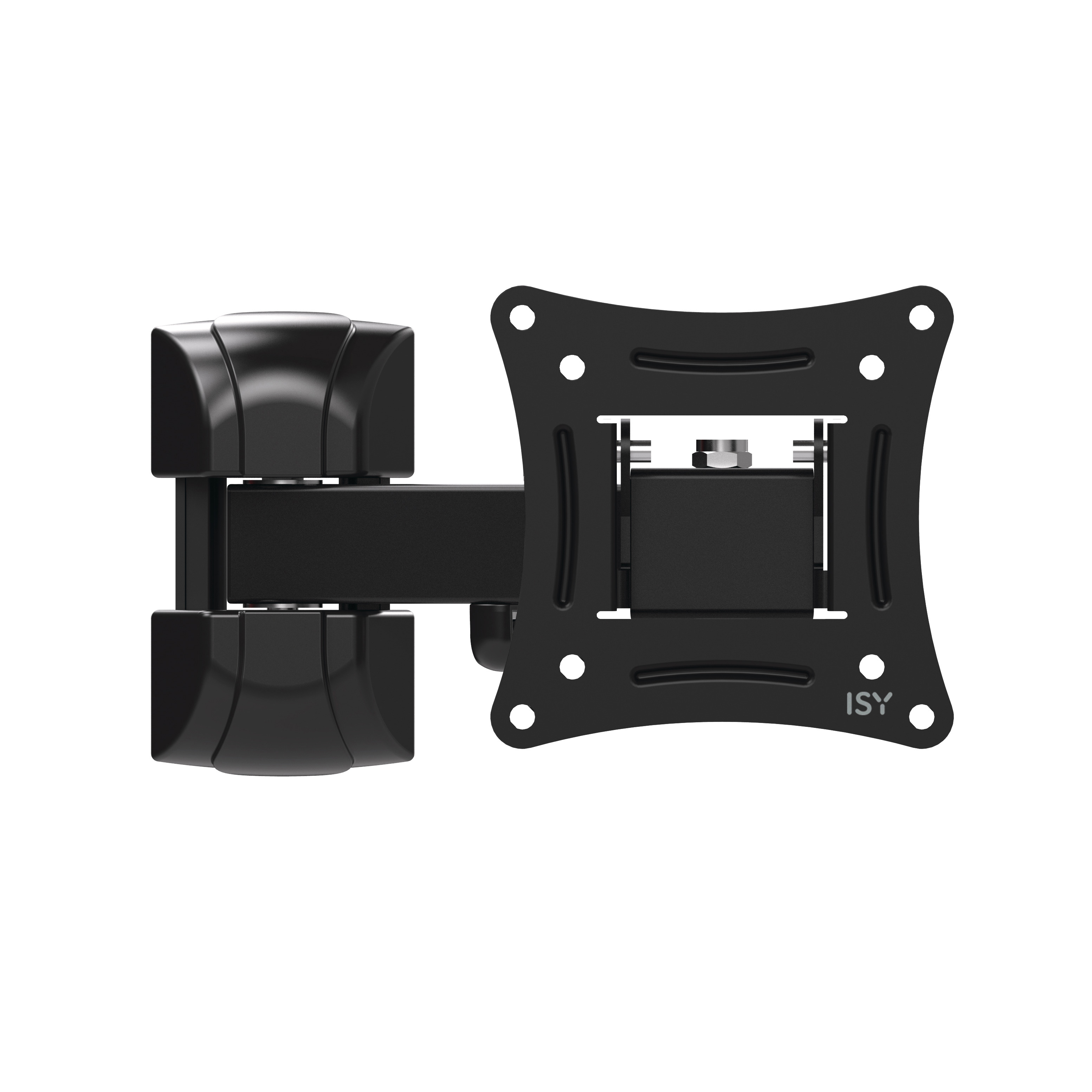 Schwarze TV-Wandhalterung mit quadratischer Montageplatte und Schwenkarm.