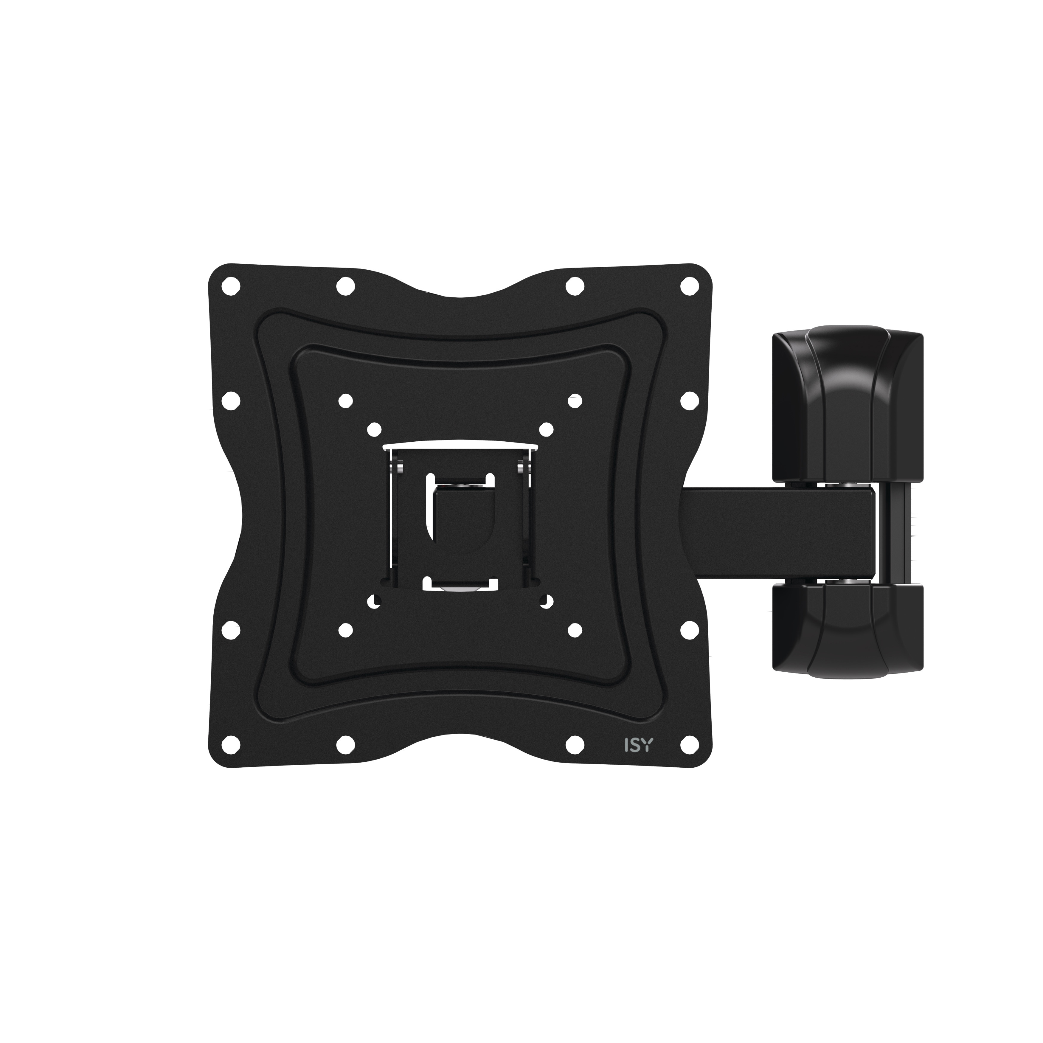 Schwarze TV-Wandhalterung, Draufsicht, mit quadratischer Mittelplatte und beweglichem Arm.