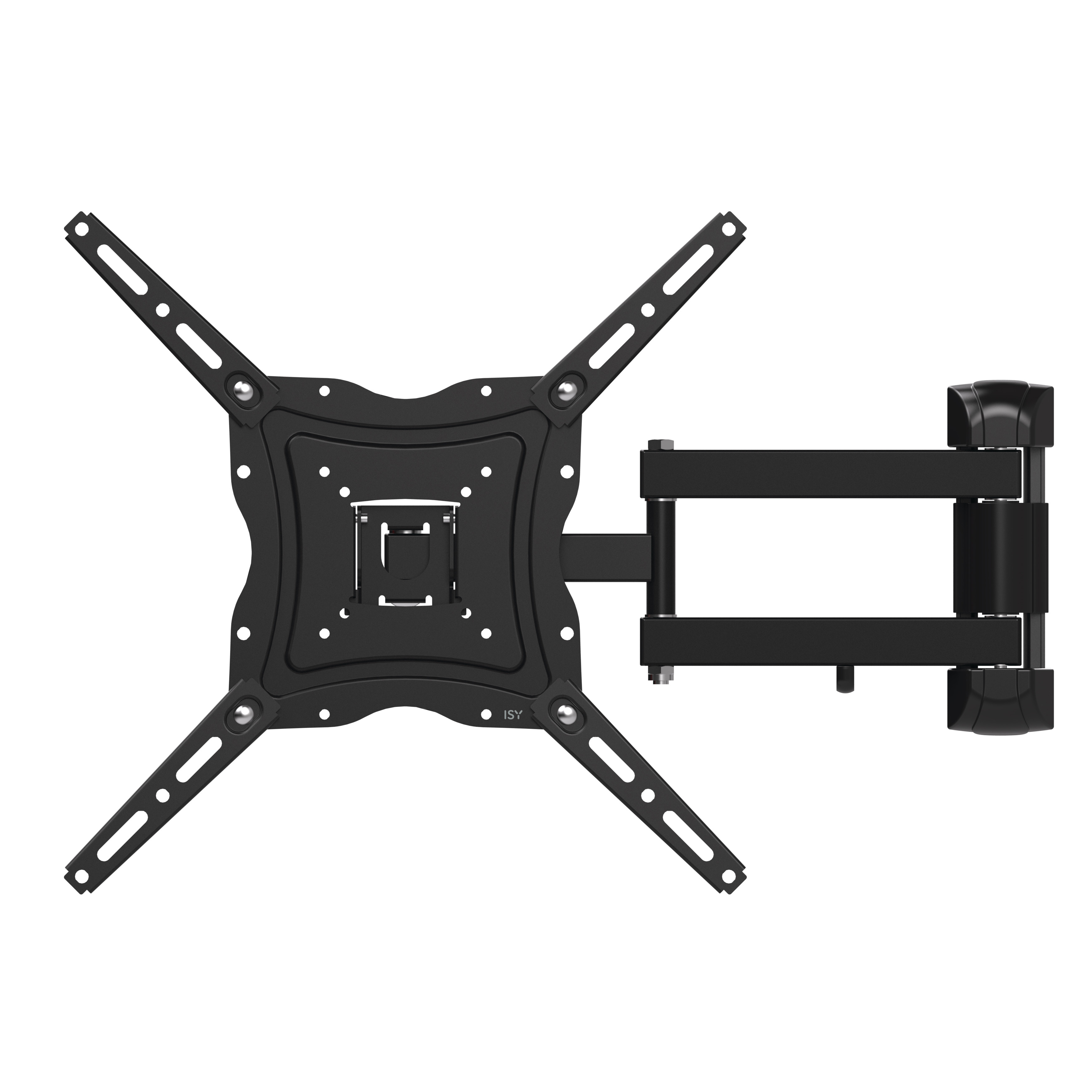 Staffa da parete per TV nera su sfondo bianco. Il supporto ha un design a braccio articolato.