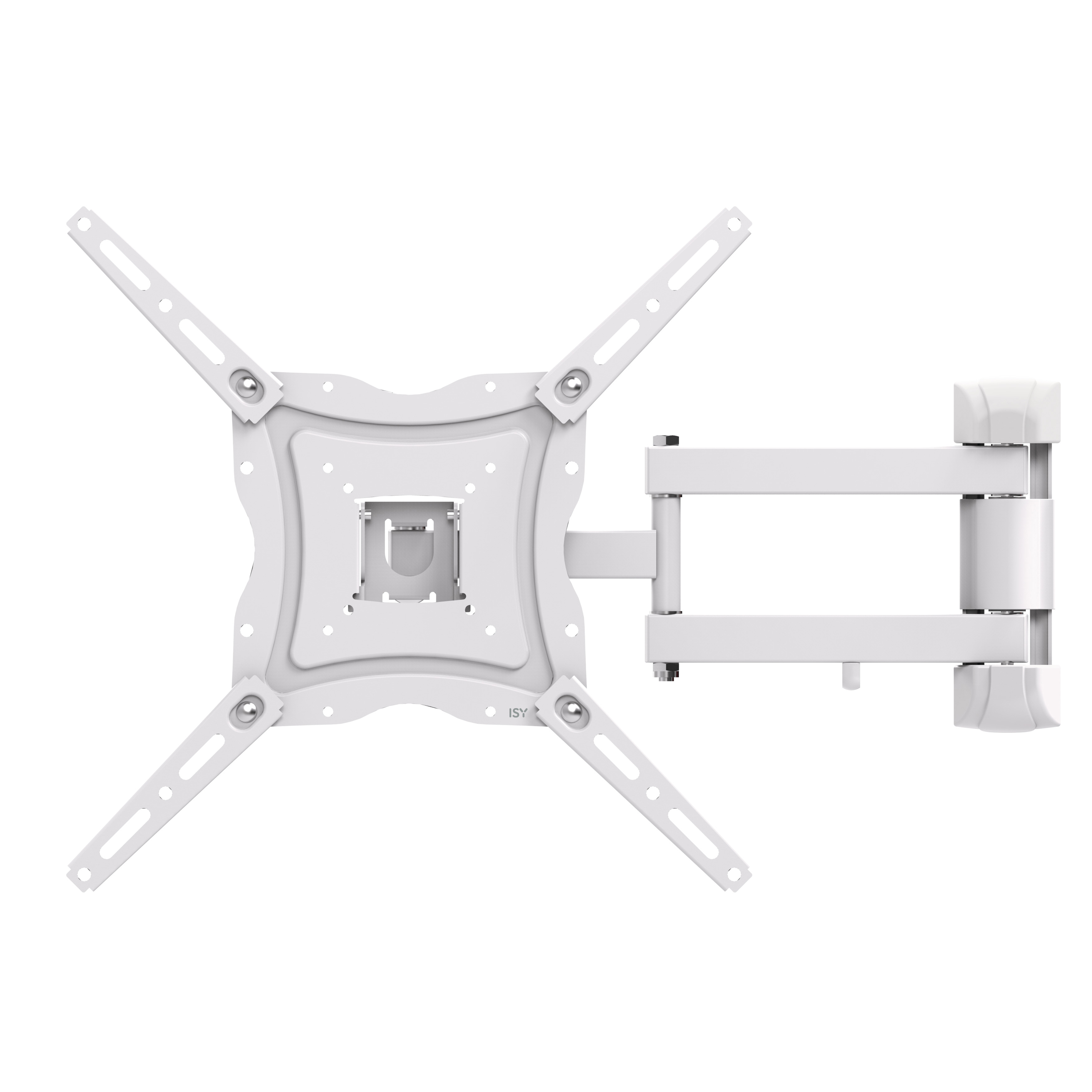 Un support mural TV blanc avec un bras réglable, sur fond blanc, vue de dessus.