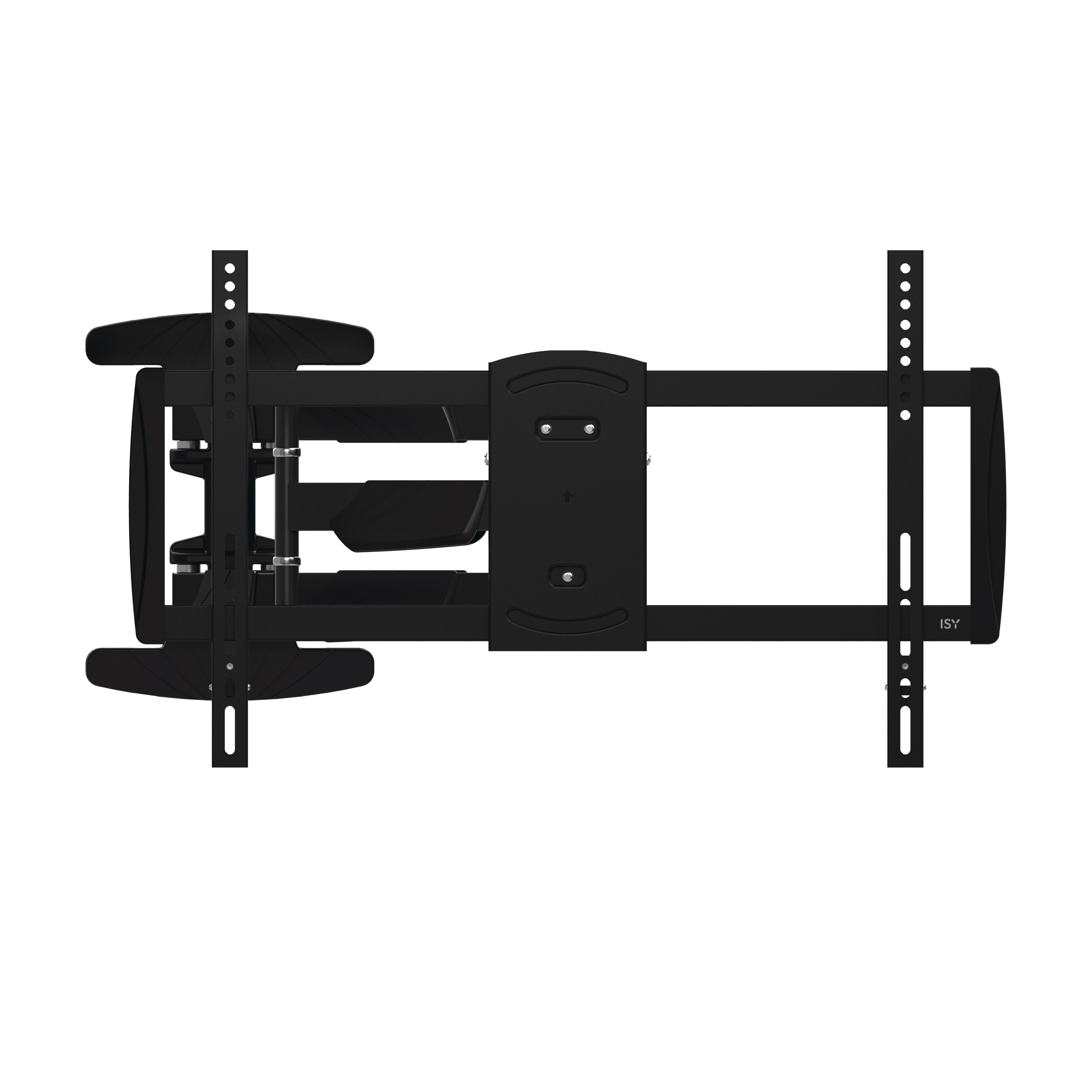 Supporto a parete TV nero con bracci regolabili e hardware di montaggio su bianco.