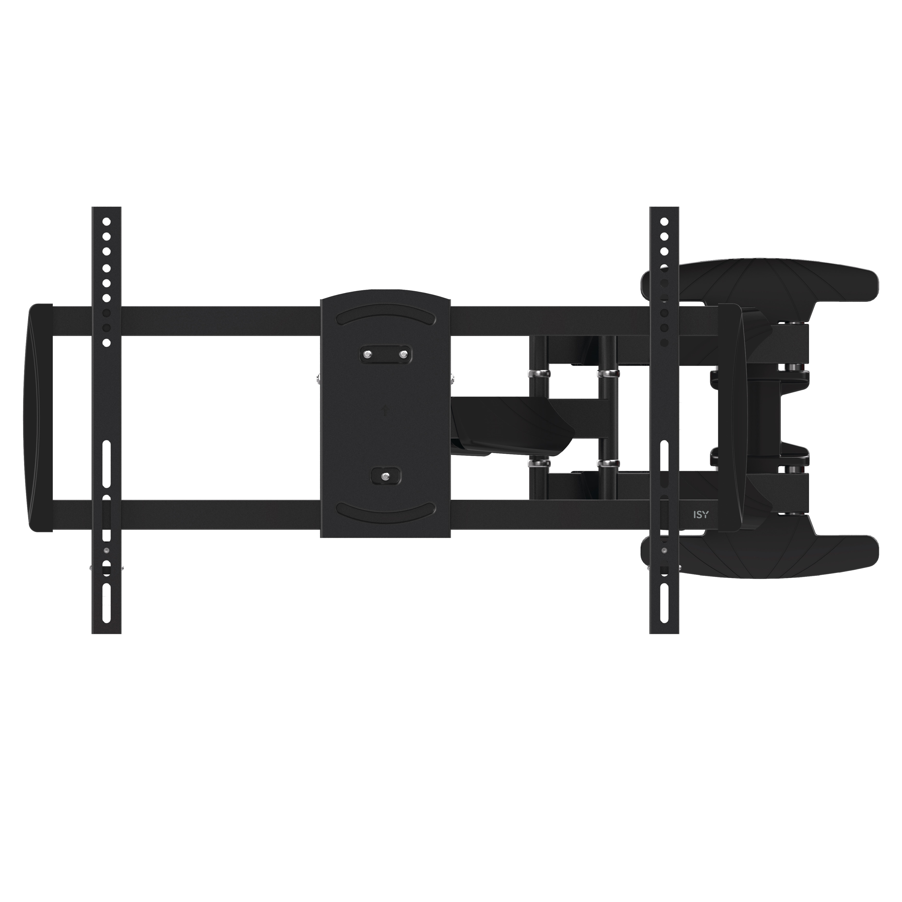 Un supporto a parete per TV nero, completamente esteso, con staffe di montaggio visibili.