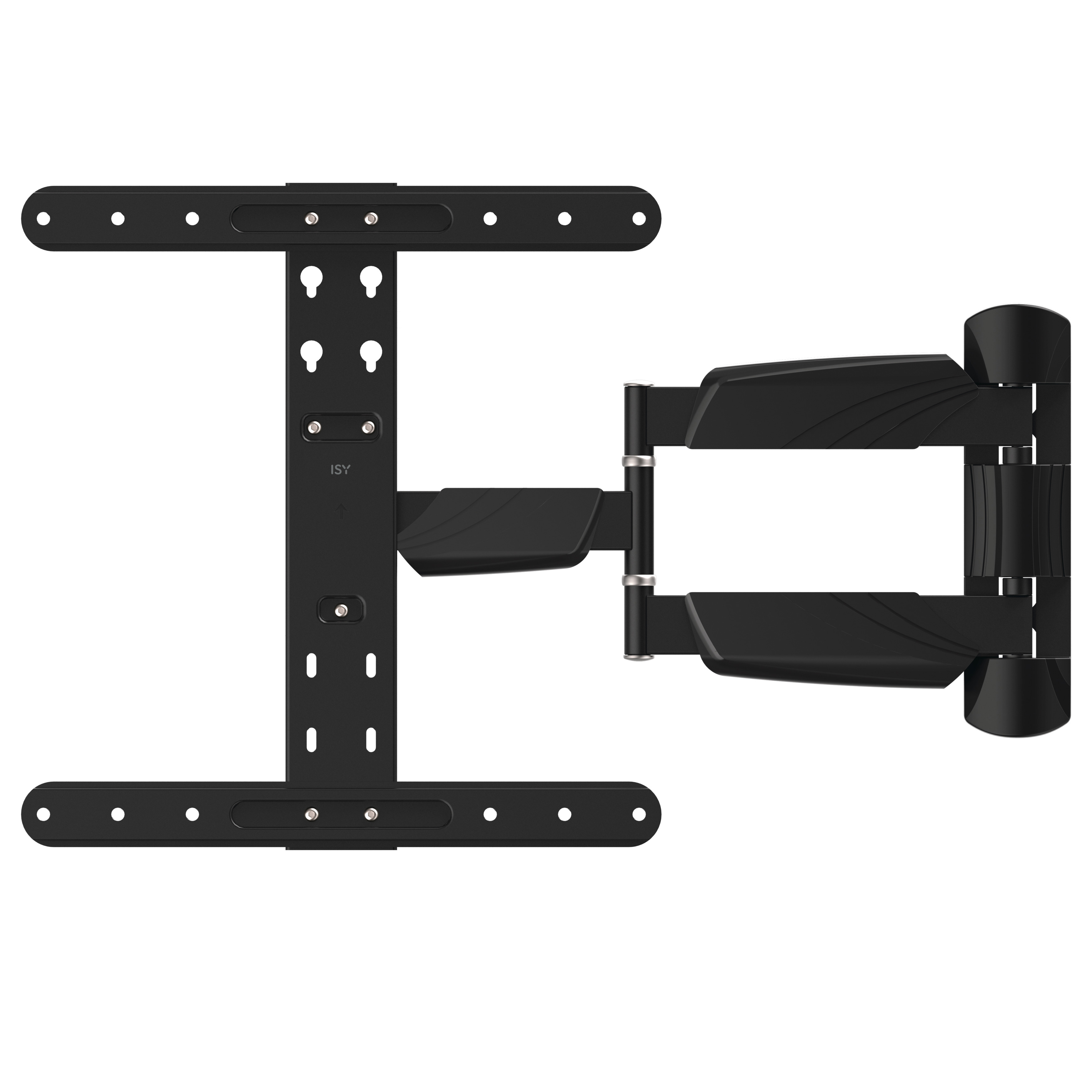 Support mural TV noir, avec plusieurs points de fixation. Isolé sur fond blanc.