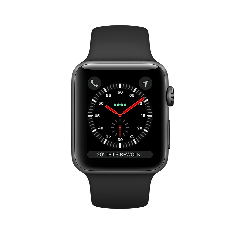 APPLE Watch Series 3 (GPS) 38 mm Smartwatch Aluminium Hochleistungs-Fluorelastomer, 130-200 mm, Space Grau mit Sportarmband Schwarz