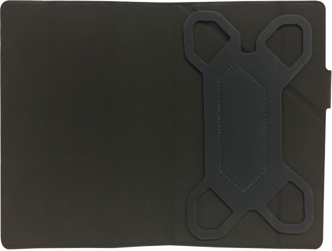 Nyitott fekete tablet tok. A belső rész egy tartót mutat a tablethez.