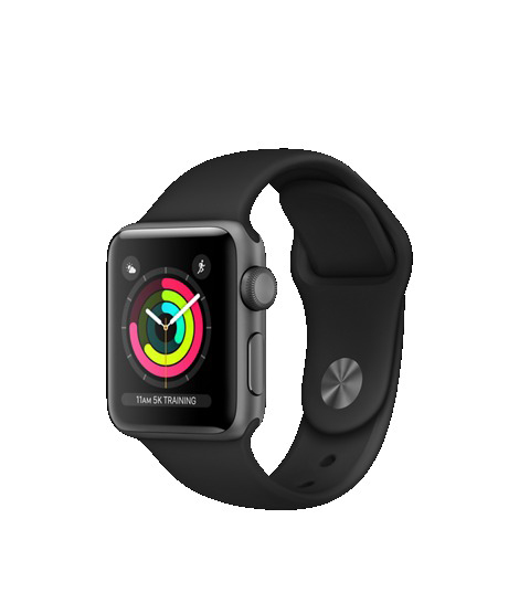 APPLE Watch Series 3 (GPS) 38 mm Smartwatch Aluminium Hochleistungs-Fluorelastomer, 130-200 mm, Space Grau mit Sportarmband Schwarz