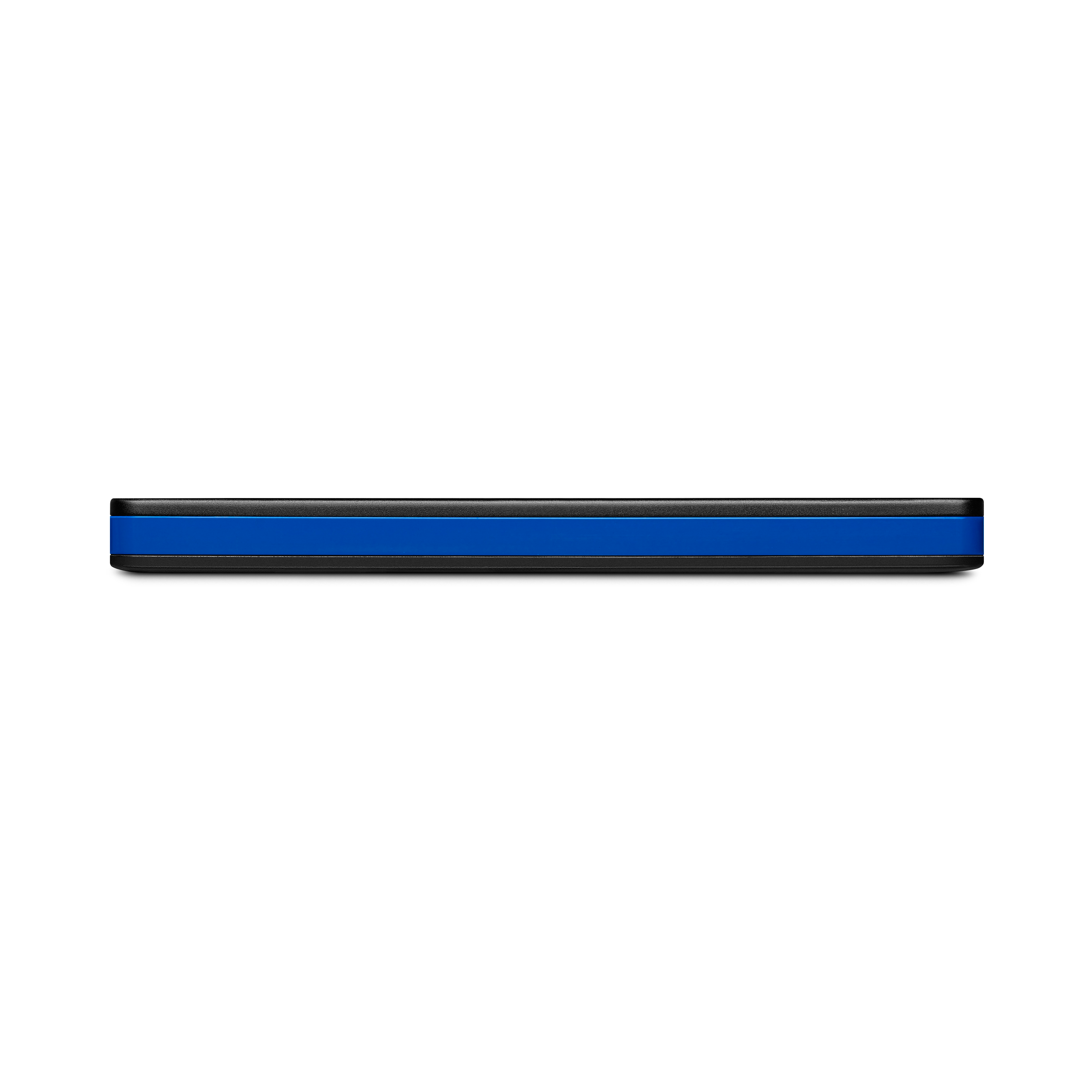 A thin, black device with a blue stripe. It is a portable hard drive, seen from a top-down perspective.