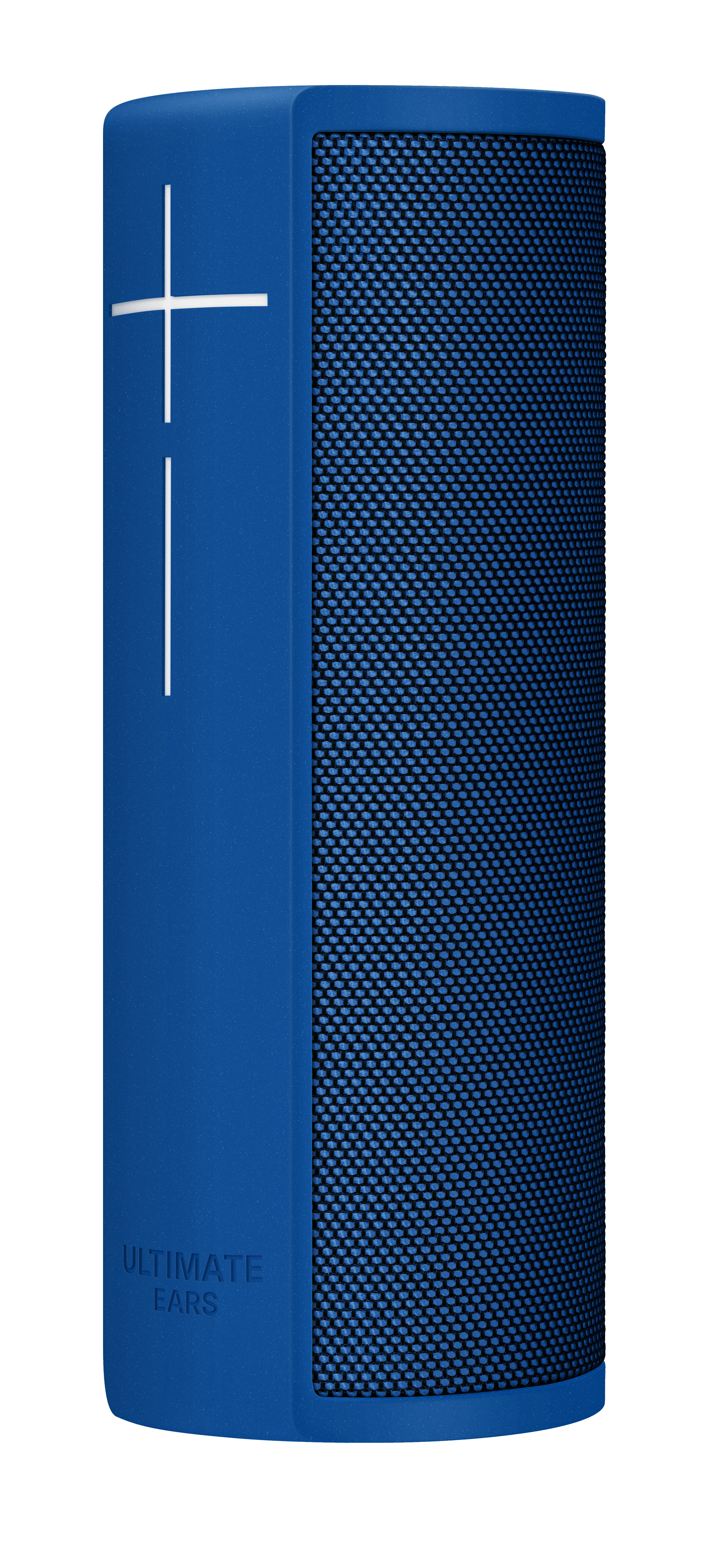 Blauer Ultimate Ears Lautsprecher. Schwarze Mesh-Front. Weißes Logo. Blauer Körper. Isoliert auf weißem Hintergrund.