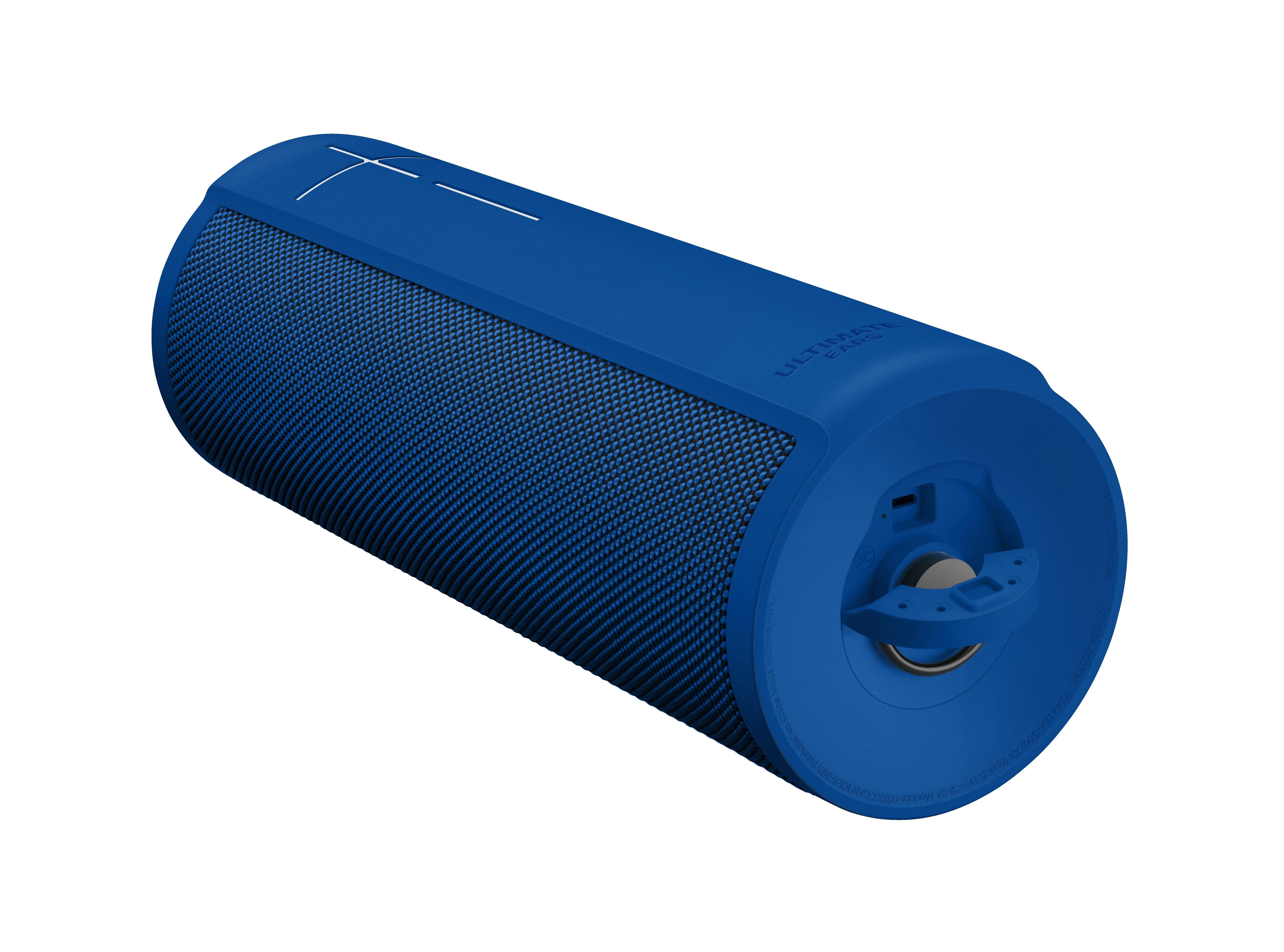 Blauer, zylindrischer Lautsprecher. Hat Mesh an den Seiten, einen Power-Knopf und das Ultimate Ears Logo.
