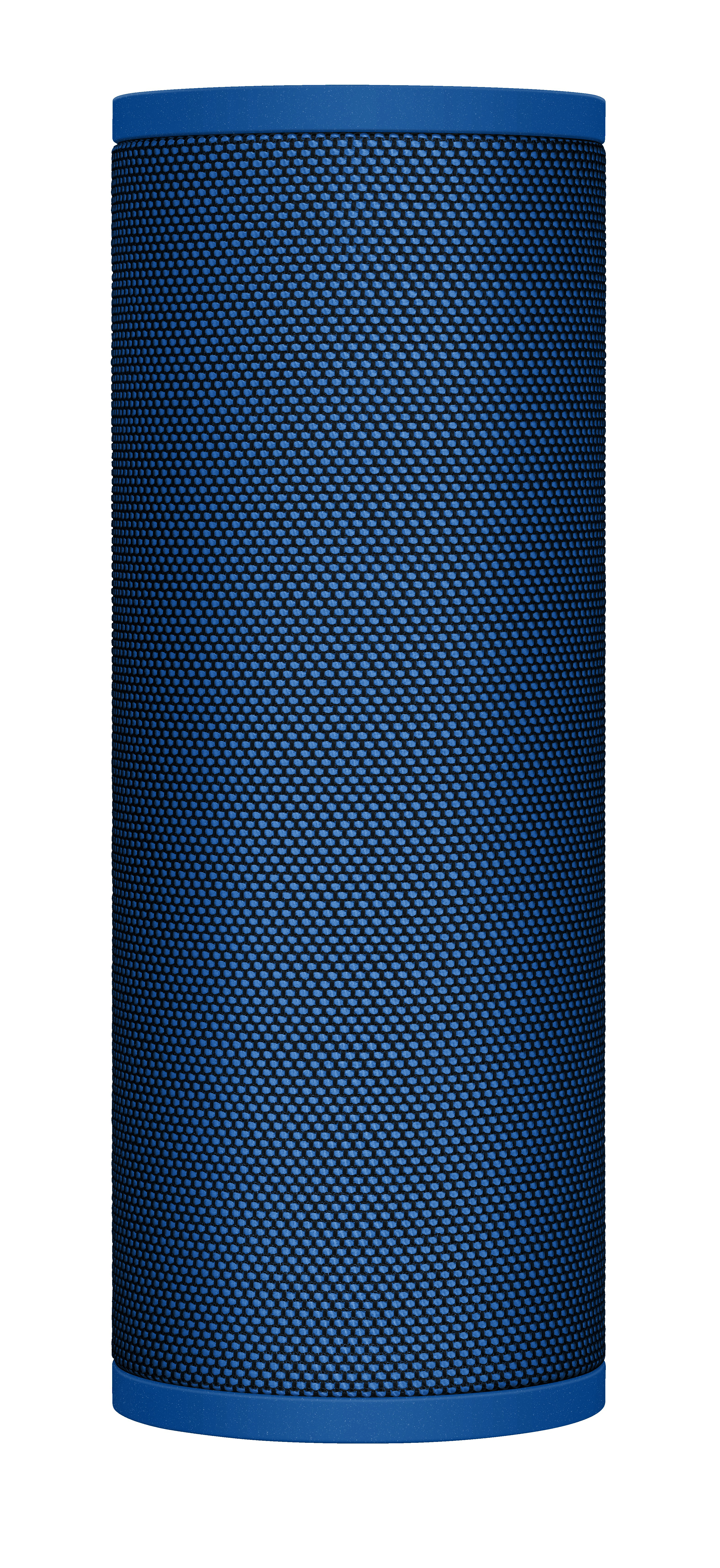 Blauer zylindrischer tragbarer Lautsprecher. Mit schwarzem Mesh-Muster. Isoliert auf weißem Hintergrund.