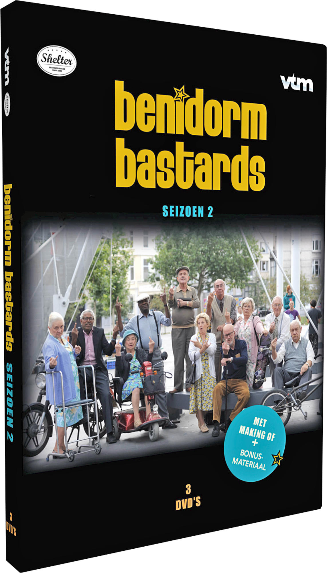 DVD-hoes voor 'Benidorm Bastards', met een groep ouderen op straat. Gele tekst op zwart.