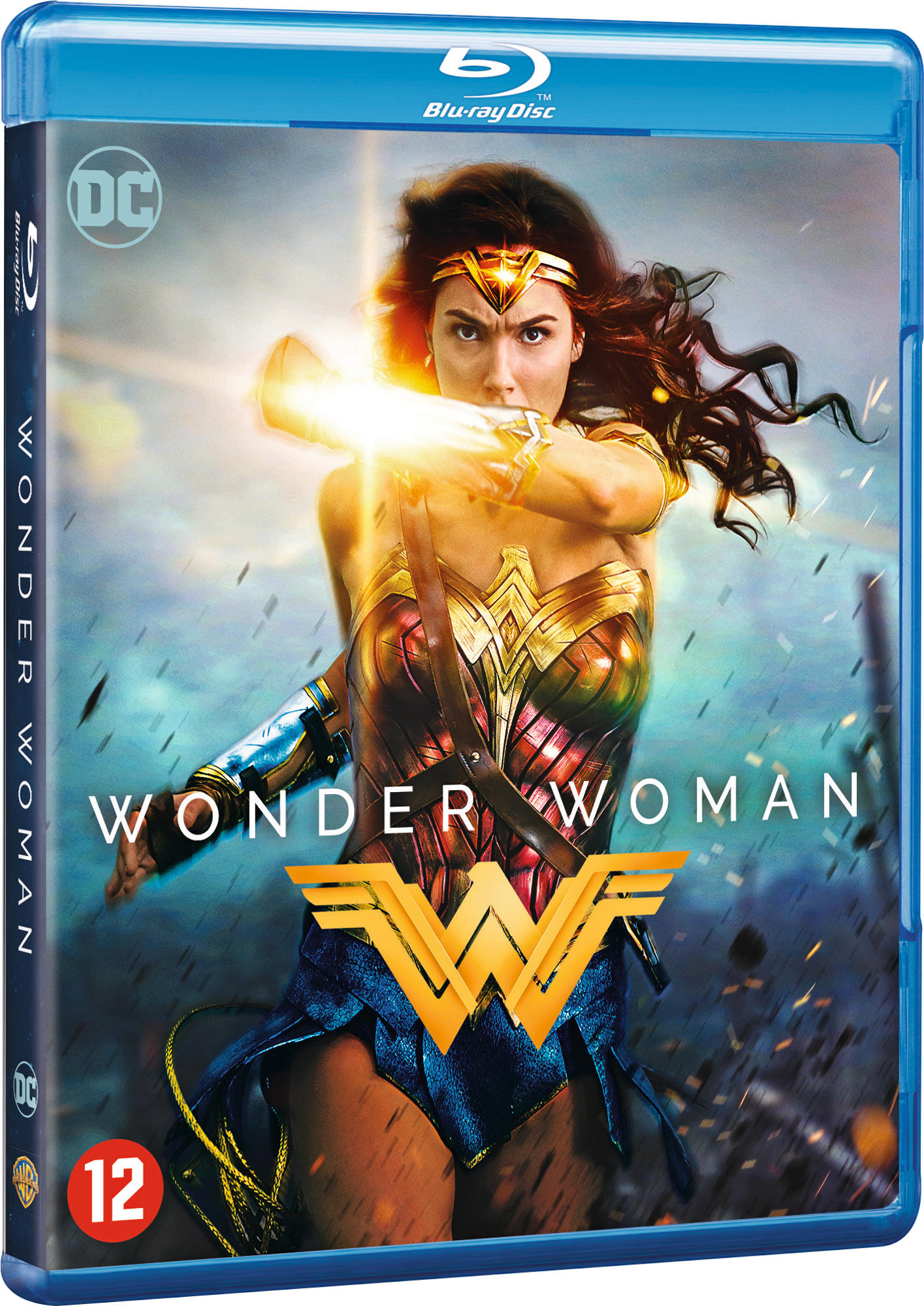 Blu-ray van Wonder Woman. Vrouw in kostuum in het midden, met gouden accenten. Licht komt uit haar arm. Tekst: Wonder Woman.