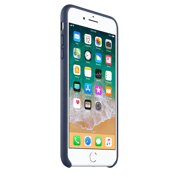 Smartphone met een donkerblauwe leren hoes. Het scherm toont app-iconen, datum en tijd.
