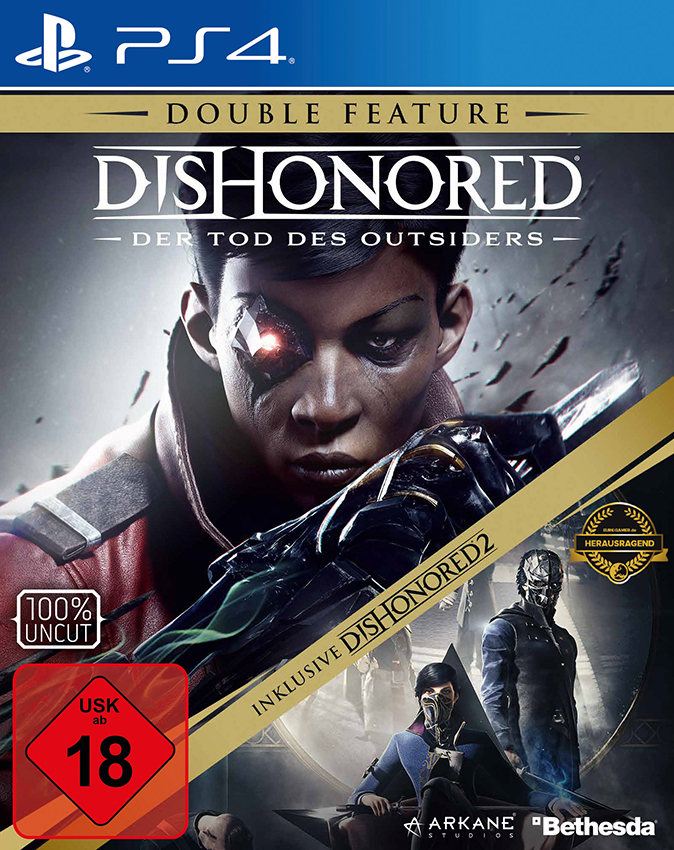 Dishonored-Spielcover. Charakter mit mechanischem Auge. PS4-Logo. Deutscher Text.