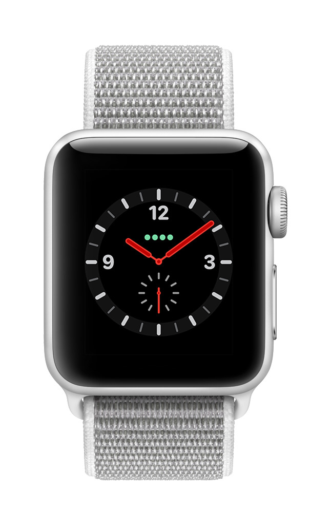 APPLE Watch Series 3 (GPS + Cellular) 38 mm Smartwatch Aluminium Gewebtes Nylon, 130-190 mm, Silber mit Sport Loop Muschel