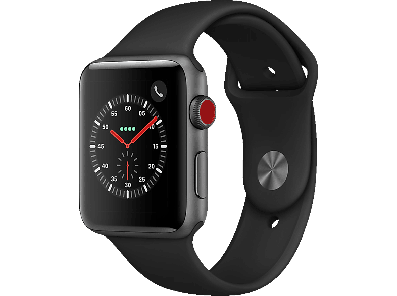 APPLE Watch Series 3 (GPS + Cellular) 42 mm Smartwatch Aluminium  Hochleistungs-Fluorelastomer, 140-210 mm, Space Grau mit Sportarmband  Schwarz