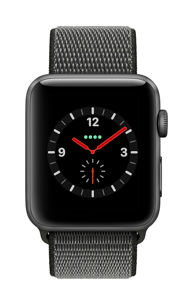 APPLE Watch Series 3 (GPS + Cellular) 42 mm Smartwatch Aluminium Gewebtes Nylon, 145-220 mm, Space Grau mit Sport Loop Dunkeloliv