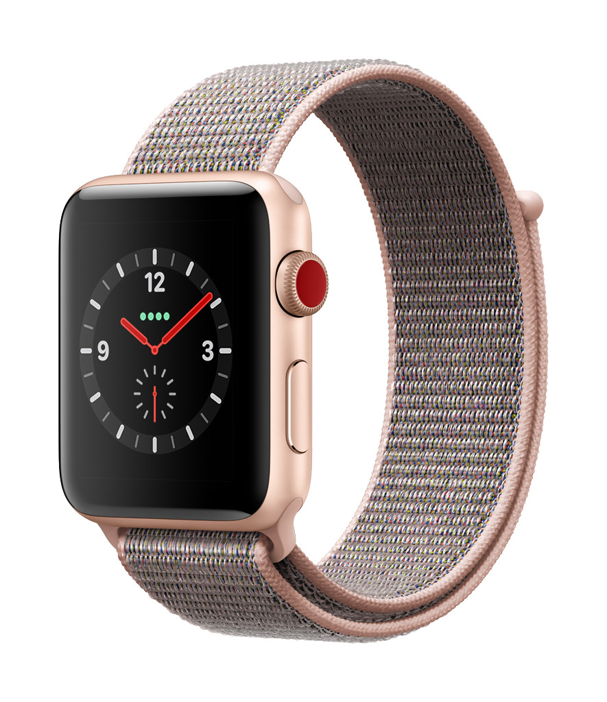 APPLE Watch Series 3 (GPS + Cellular) 42 mm Smartwatch Aluminium Gewebtes Nylon, 145-220 mm, Gold mit Sport Loop Sandrosa
