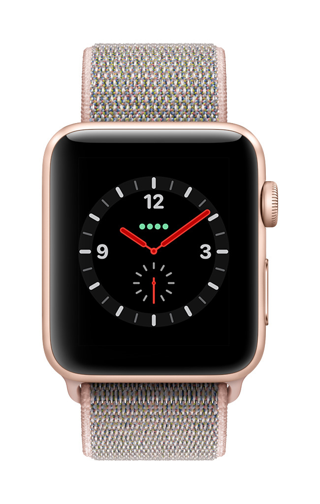 APPLE Watch Series 3 (GPS + Cellular) 42 mm Smartwatch Aluminium Gewebtes Nylon, 145-220 mm, Gold mit Sport Loop Sandrosa