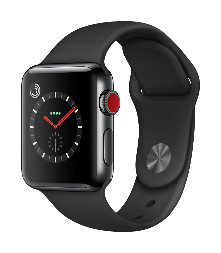 APPLE Watch Series 3 (GPS + Cellular) 38 mm Smartwatch Edelstahl Hochleistungs-Fluorelastomer, 130-200 mm, Space Schwarz mit Sportarmband Schwarz