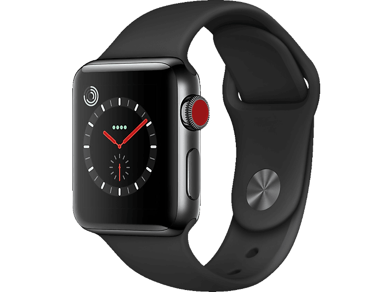 Smartwatch APPLE Watch Series 3 GPS Cellular 38 mm Smartwatch Edelstahl Hochleistungs Fluorelastomer 130 200 mm Space Schwarz mit Sportarmband Schwarz MediaMarkt